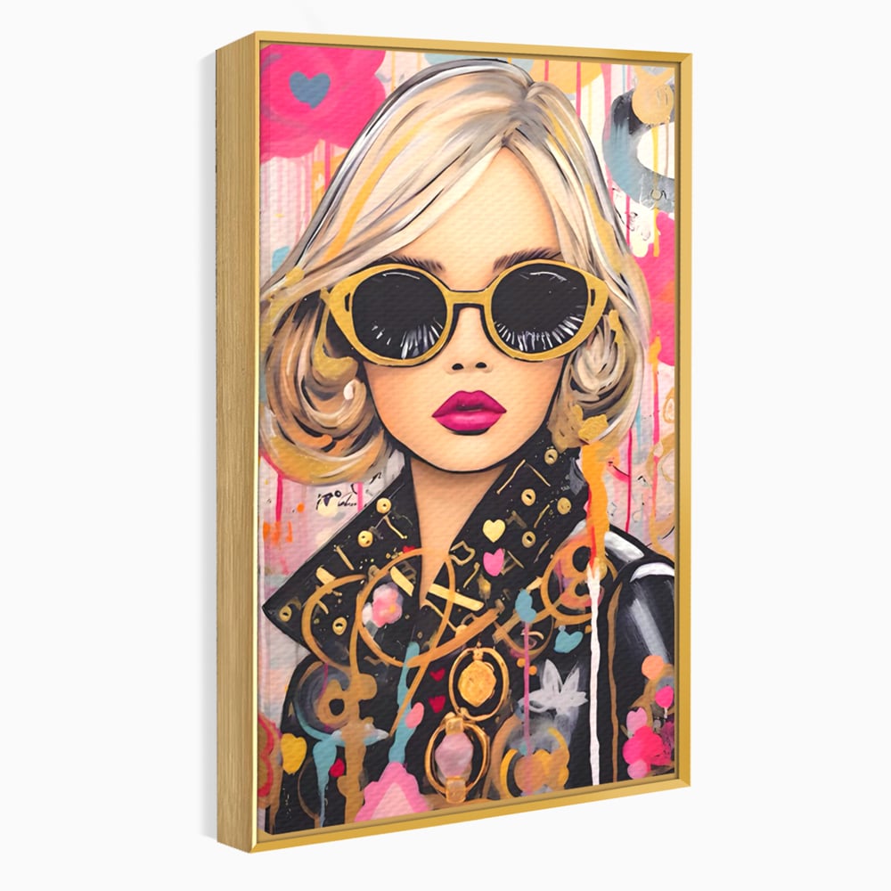 Tablou canvas cu tablou canvas cu portret de femeie, in rama de aluminiu auriu